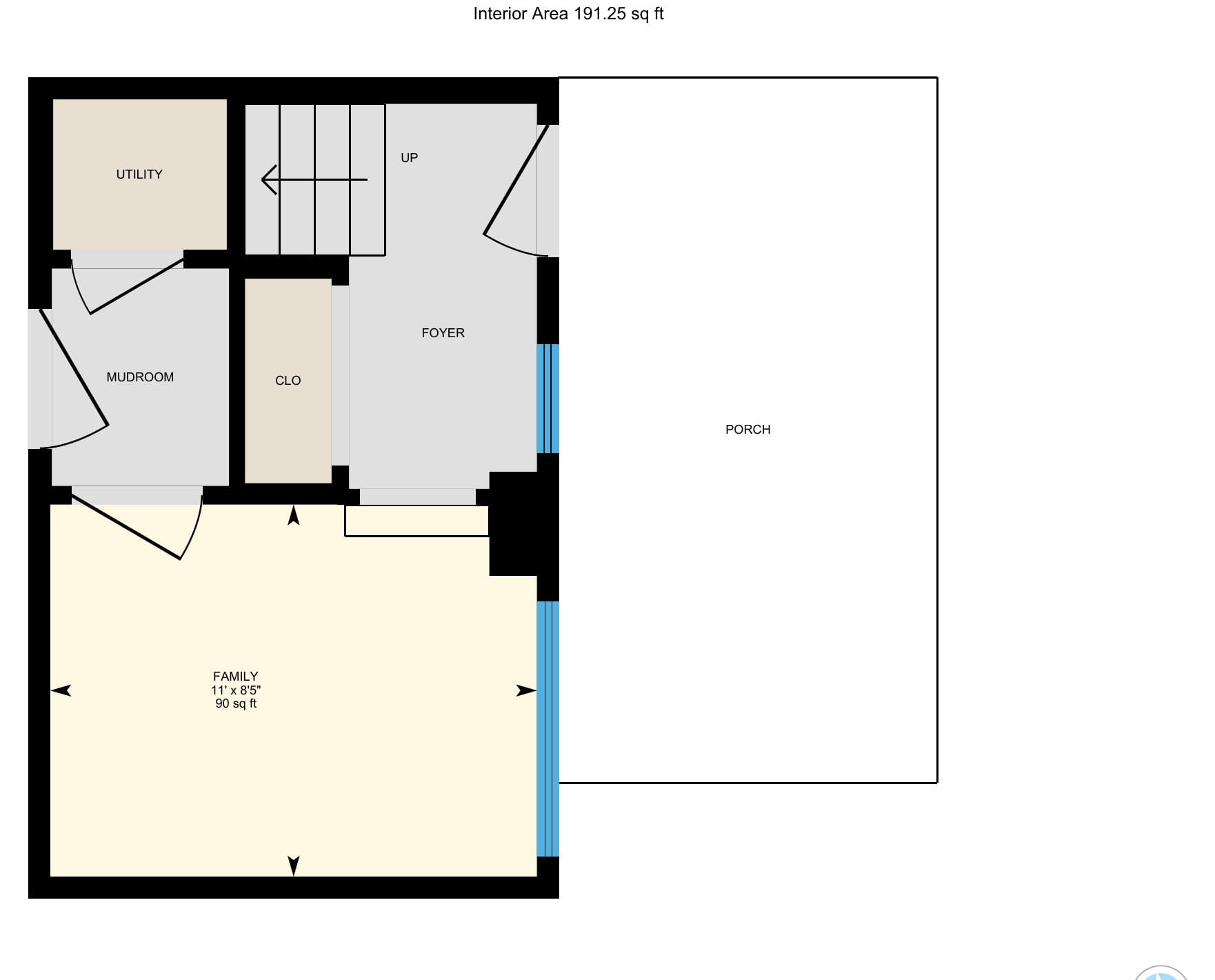 Ground floor plan: foyer, mudroom, utility and the family room, with the porch outside