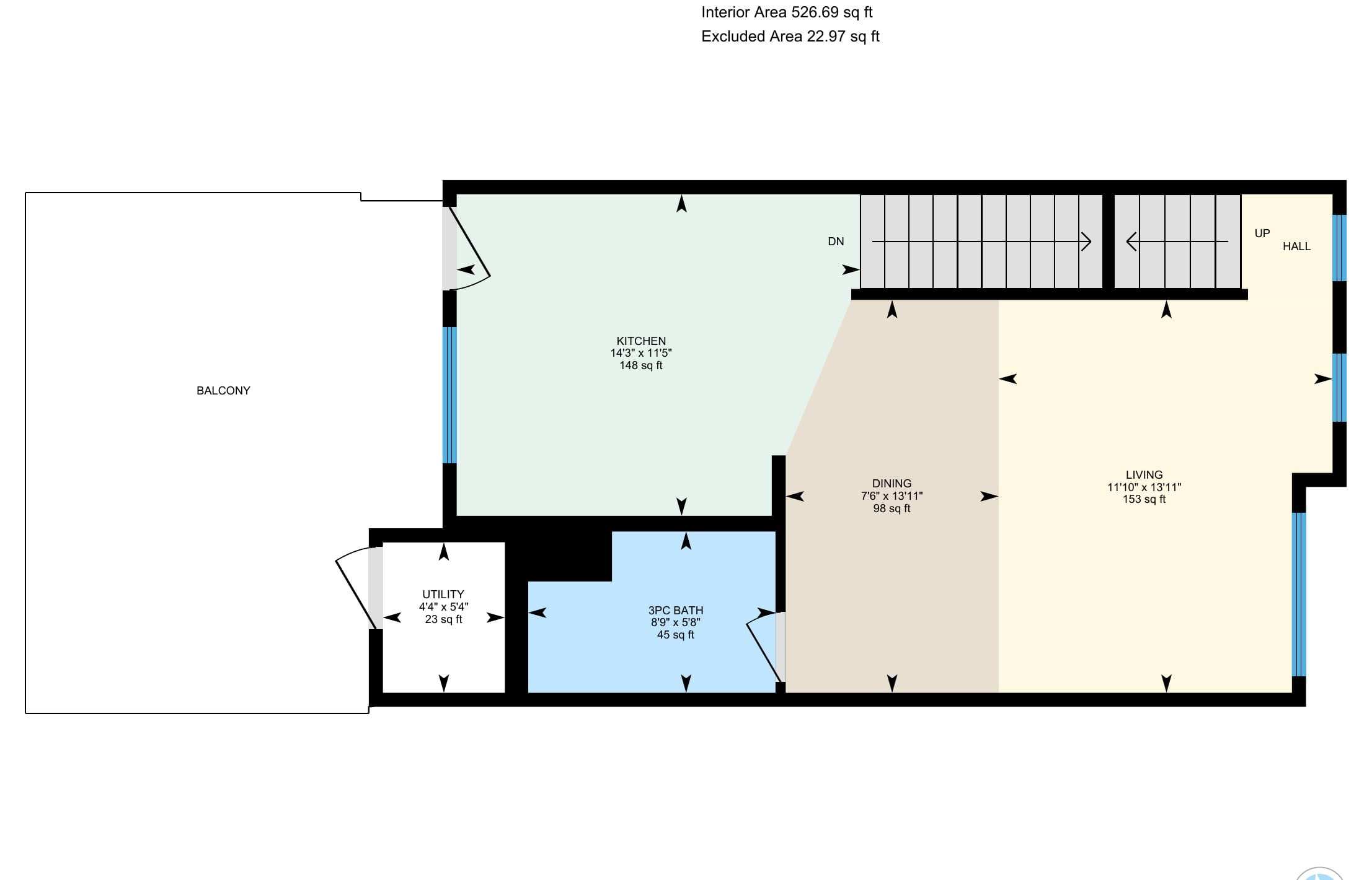 Main floor plan: kitchen, dining, living, three piece bath, utility and the balcony