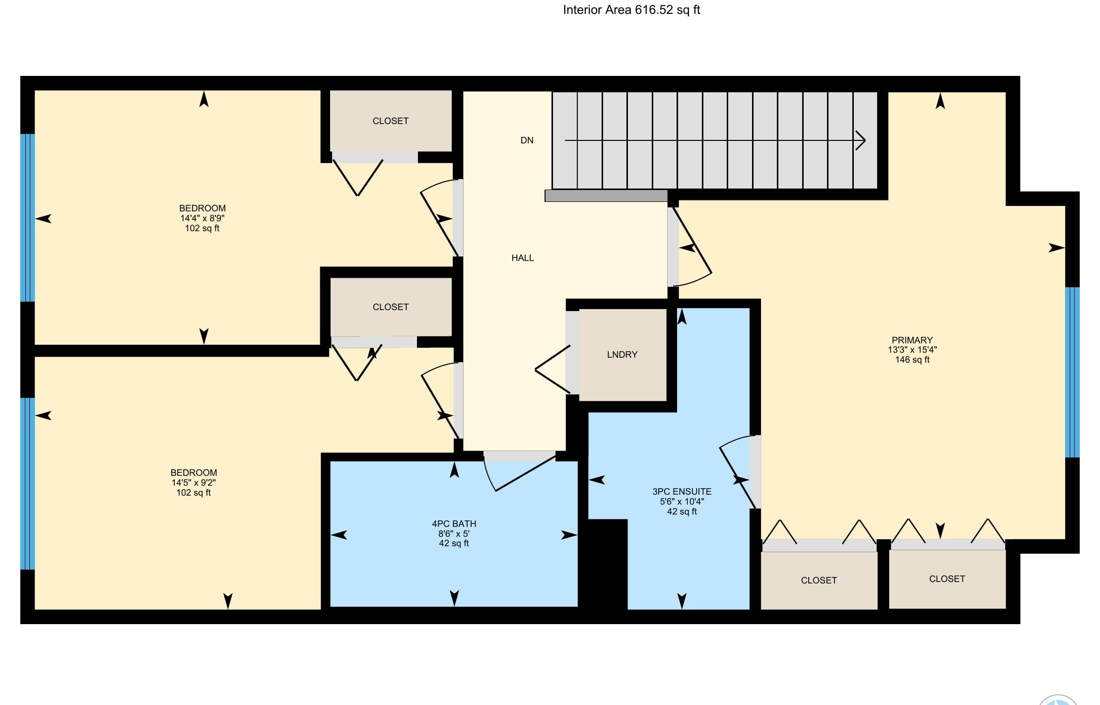 Top floor plan: primary bedroom with two closets and the ensuite, two bedrooms, four piece bath and laundry