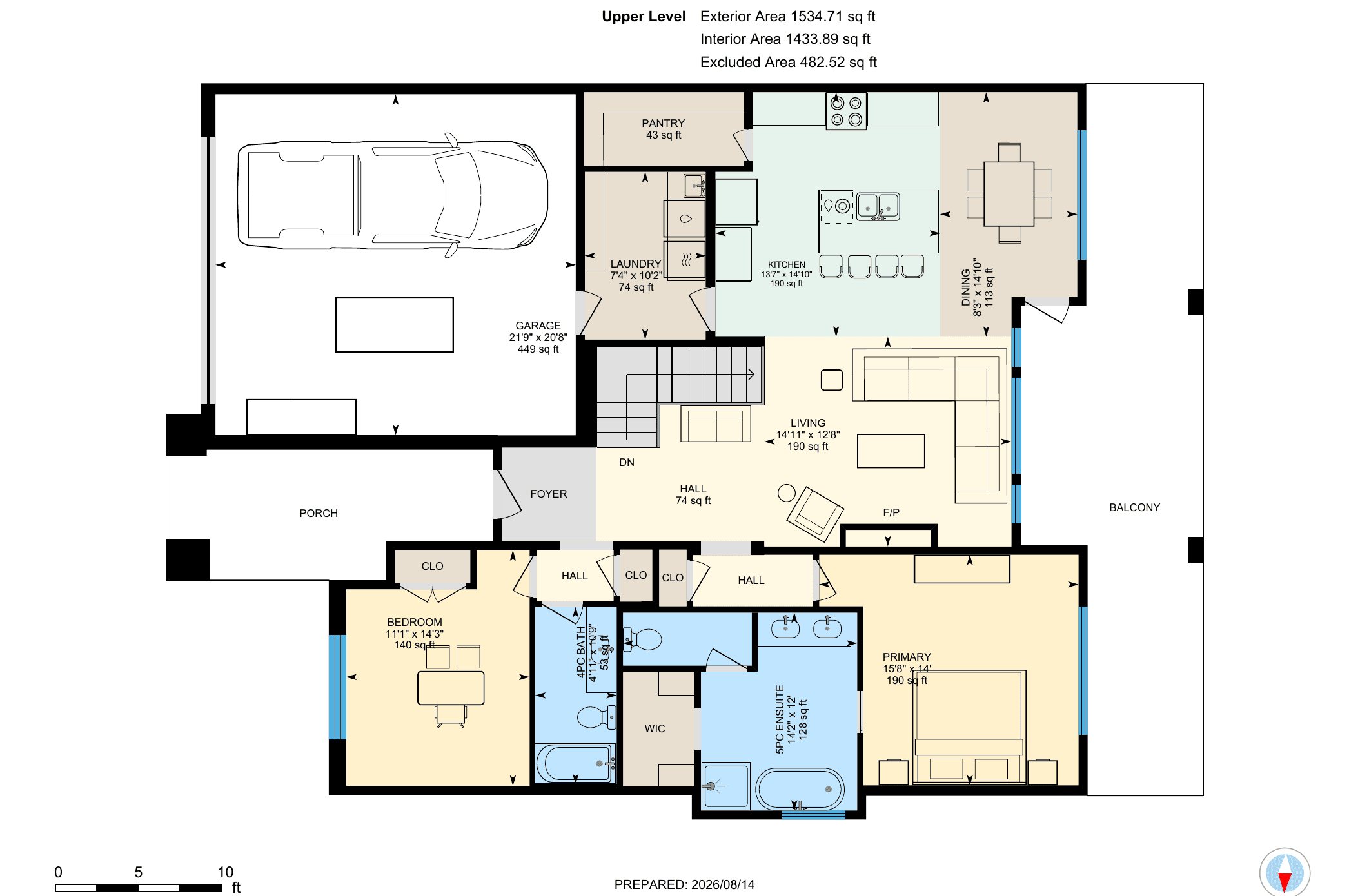 Floor plan of the main floor, with the garage, kitchen, living room, primary bedroom, second bedroom and laundry