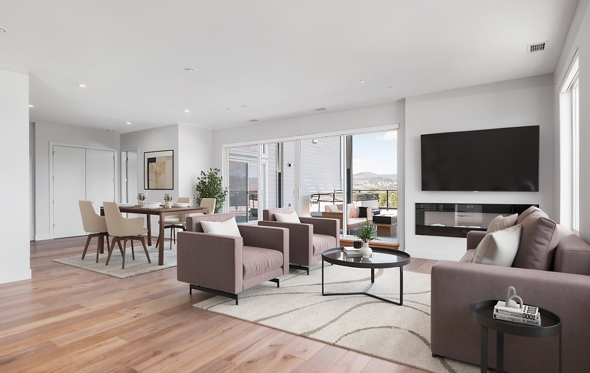 The penthouse living room, virtually staged, with the fireplace, the dining table and the deck doors