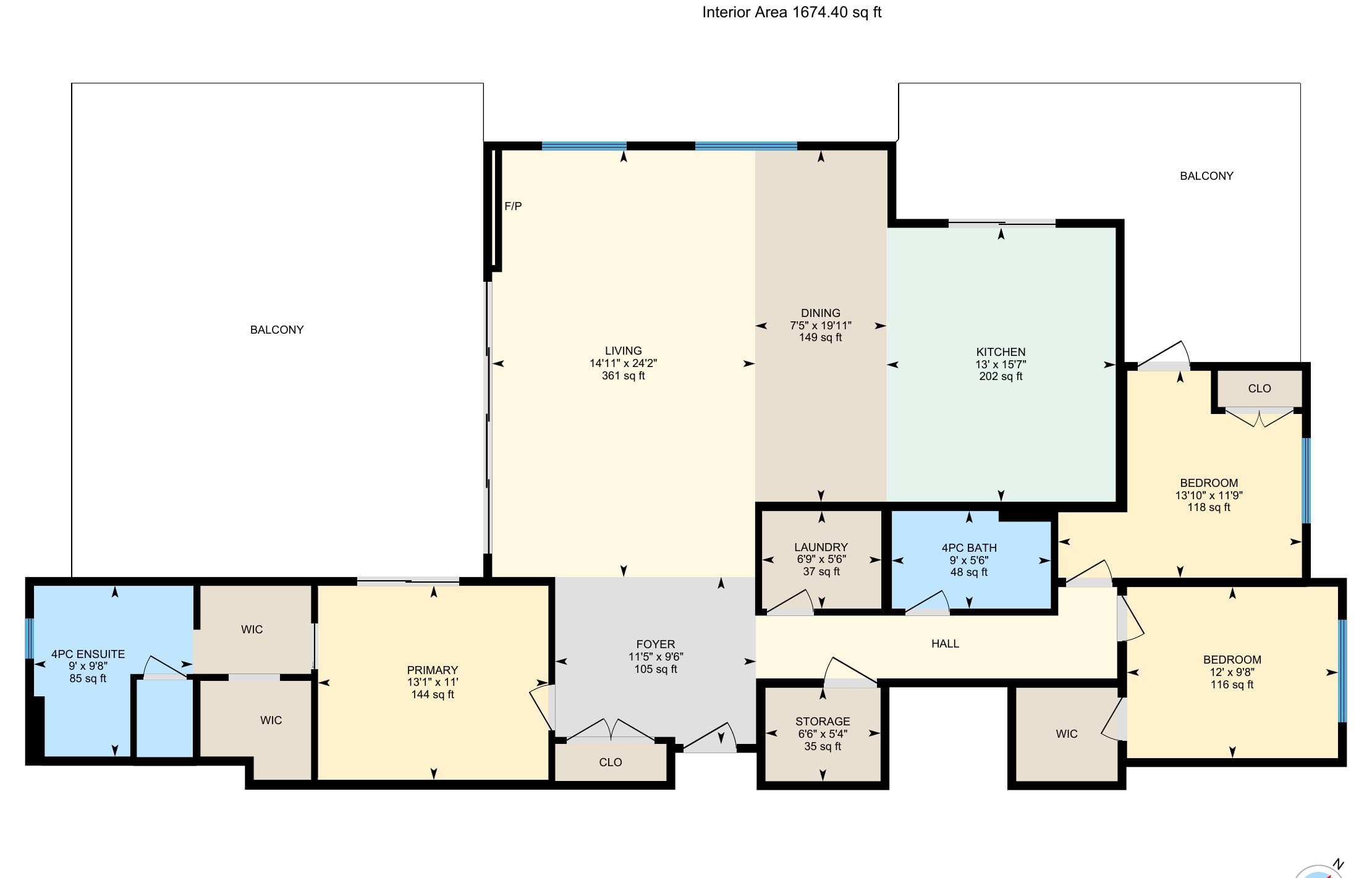 Penthouse floor plan: living, dining and kitchen across the front, the primary with its walk-through closet and ensuite, two bedrooms, the main bath, laundry, storage and the two balconies
