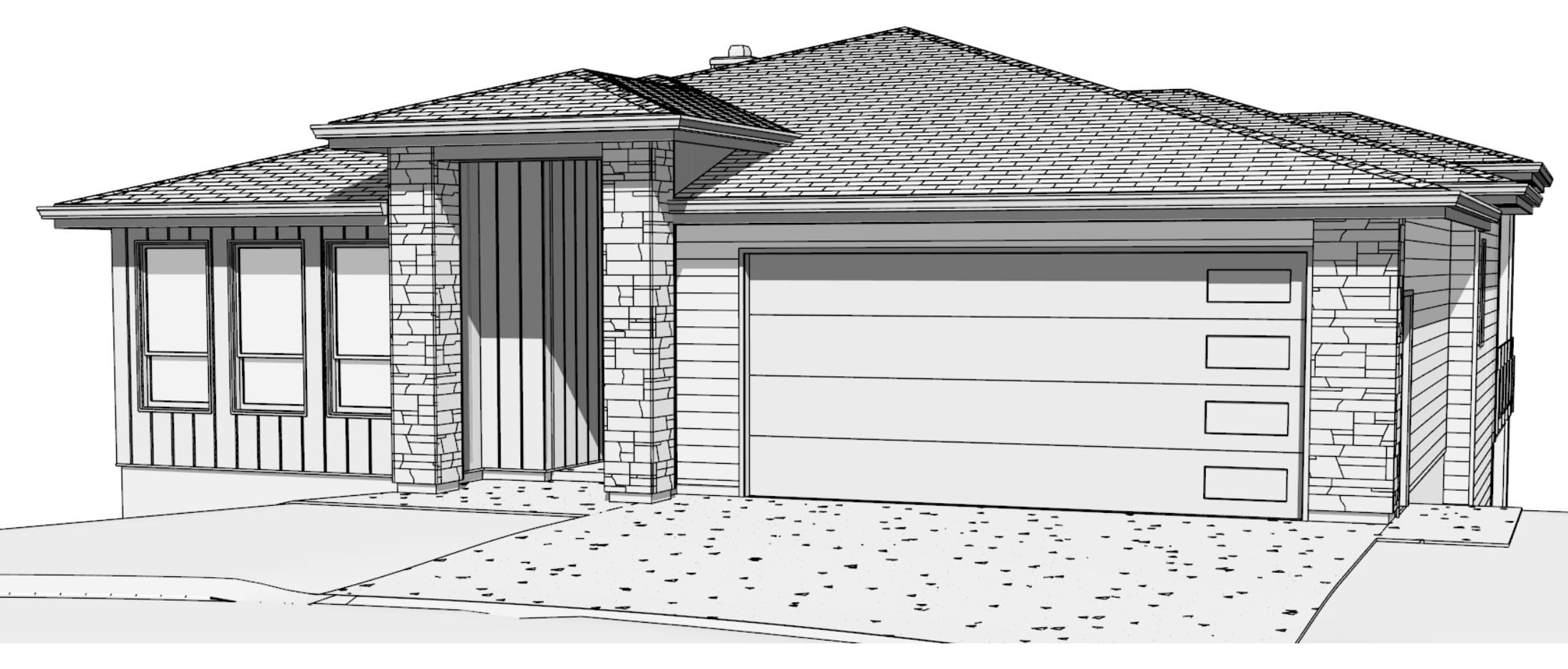 The front of the house from the street: stone entry column, double garage, covered entry