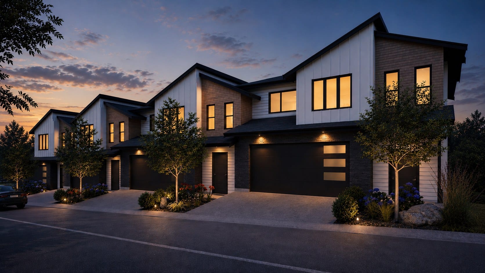 Rendering of the Paramount Peak streetscape at dusk, the garages and windows lit along the row