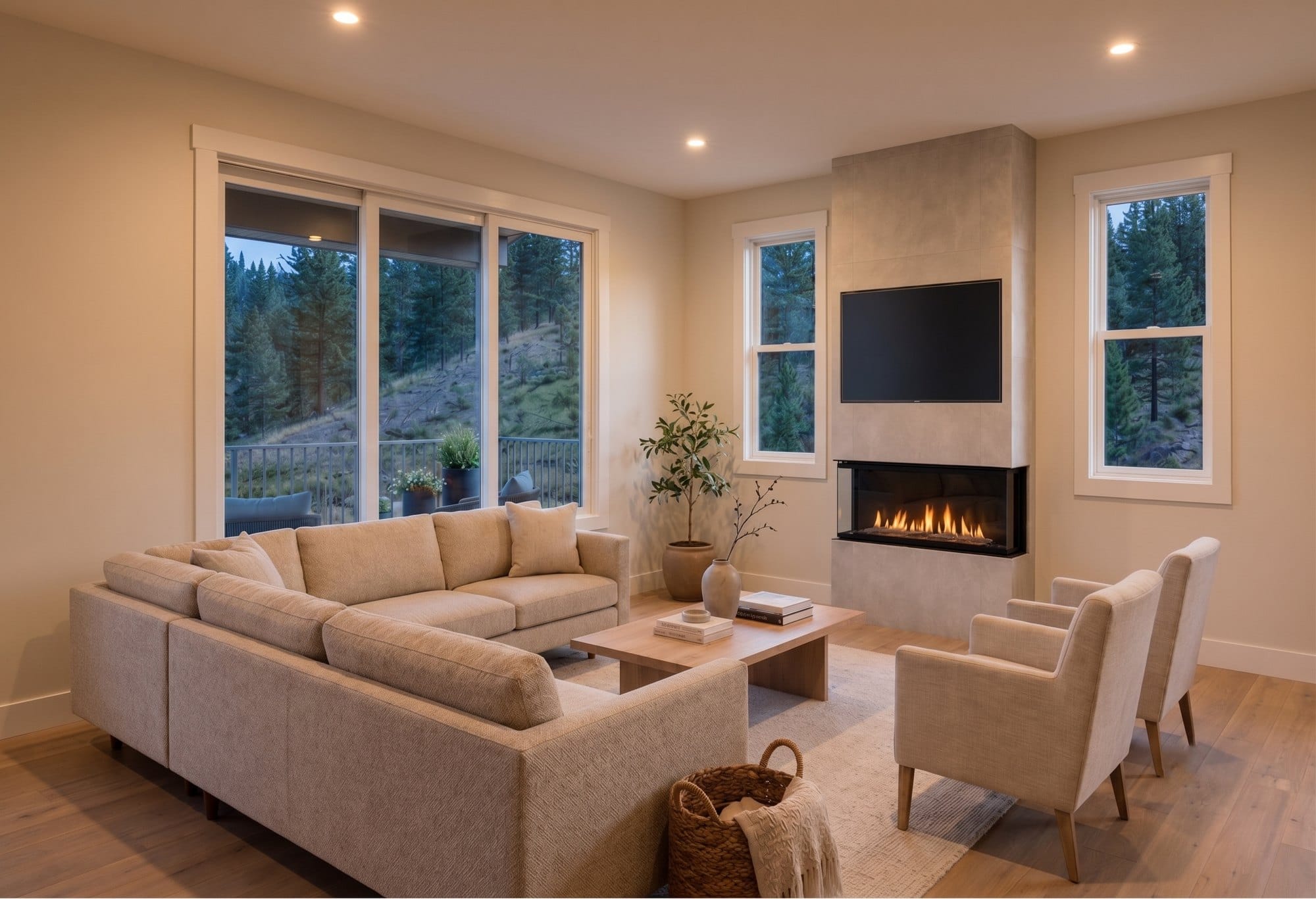 Rendering of a Paramount Peak great room at dusk, with the linear fireplace and windows to the covered deck