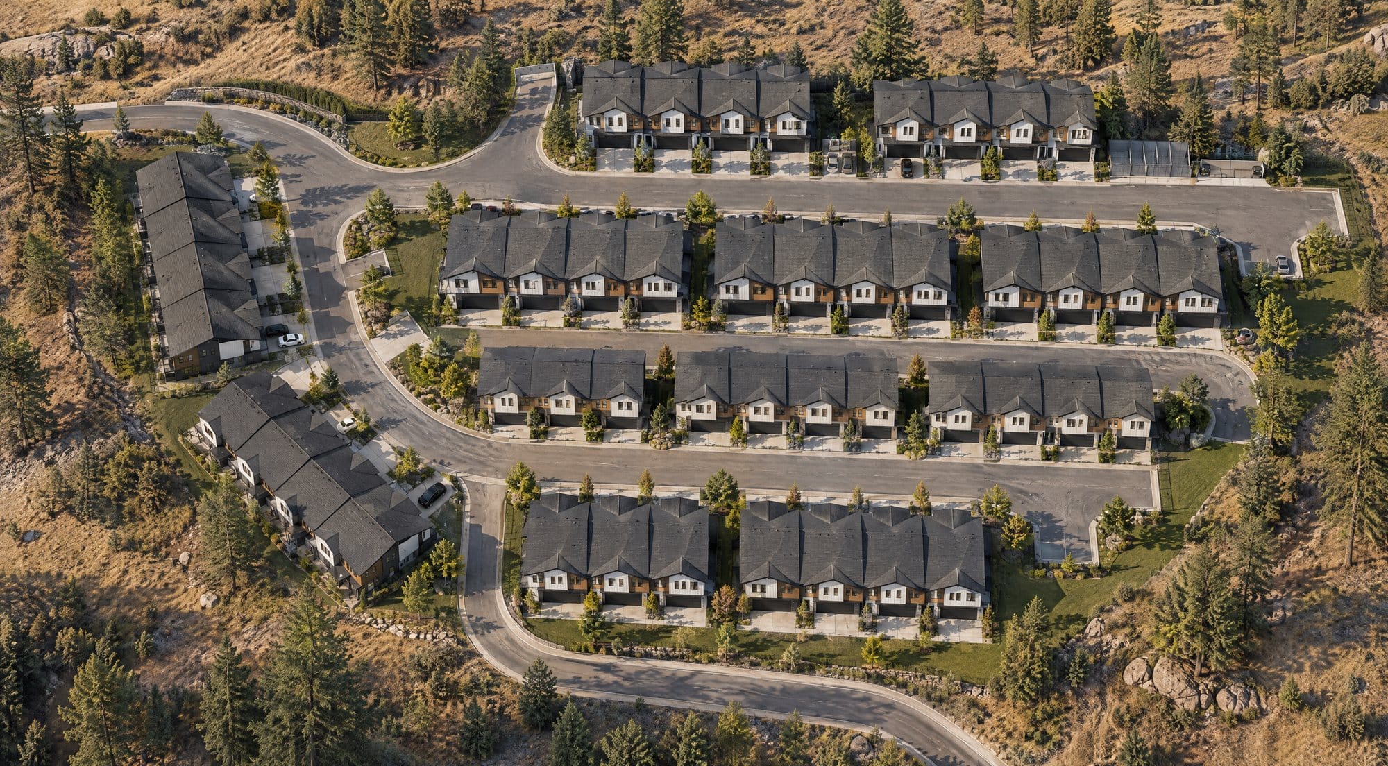 Phase 1 of Paramount Peak from above, 46 homes in 12 buildings, rendered from the site plan
