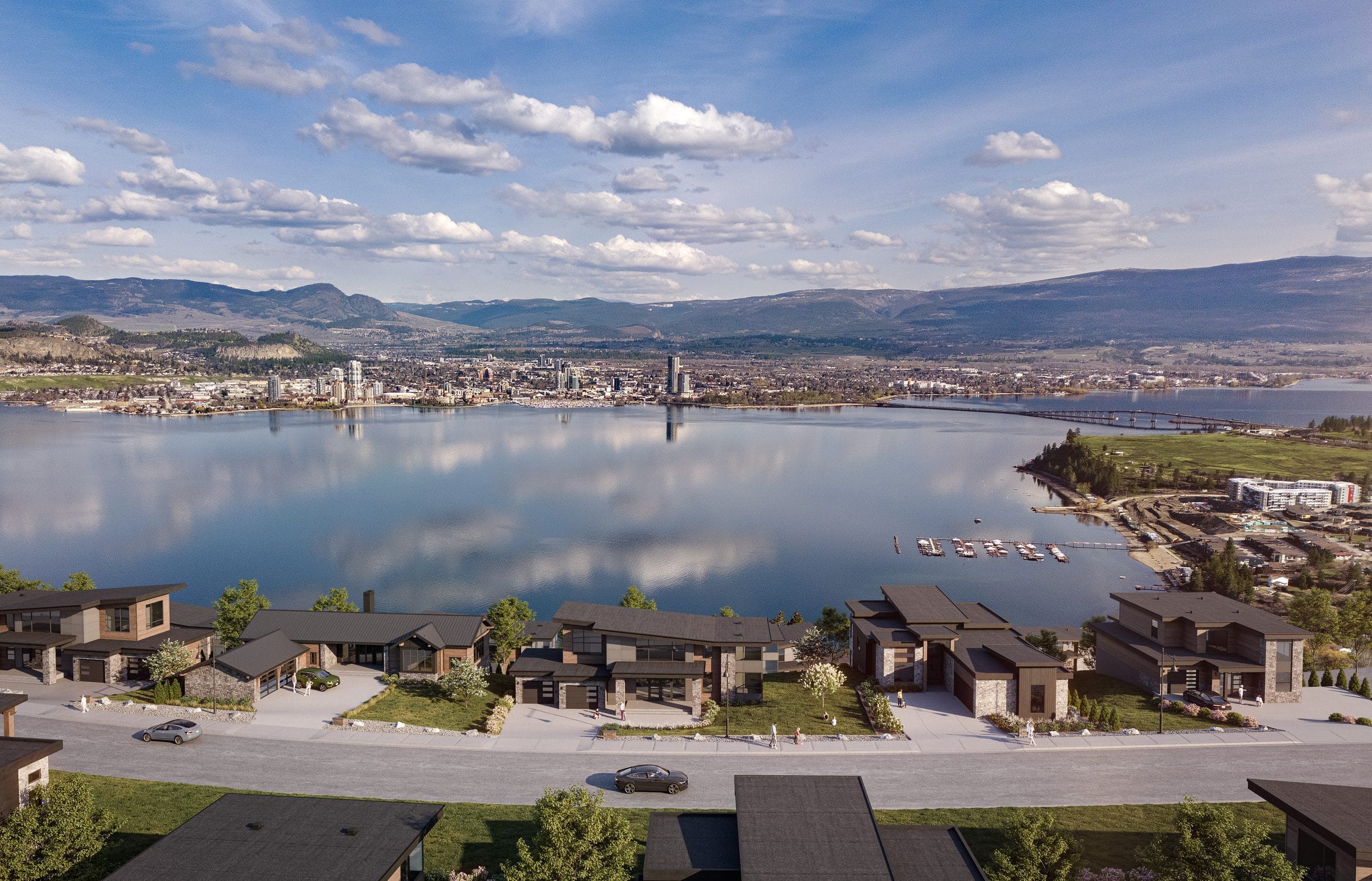 Rendering of a row of Rosevale homes above Okanagan Lake, with downtown Kelowna and the bridge across the water. Artist's rendering
