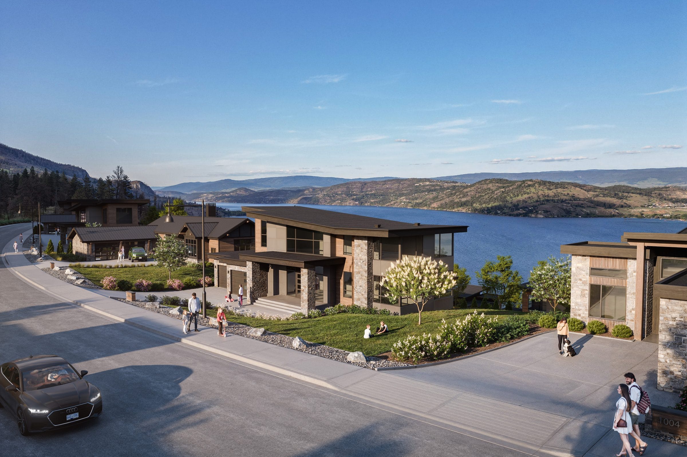 Rendering of a two storey Rosevale Estates home in stone and wood, with Okanagan Lake behind
