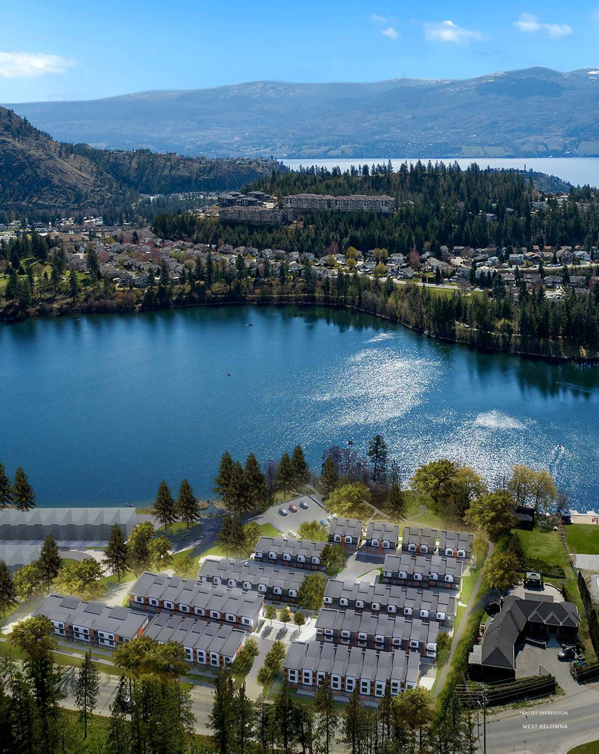 Rendering of Shannon Lynn on the Lake from the air, the townhomes on the shore of Shannon Lake with the golf course beside them. Artist's rendering