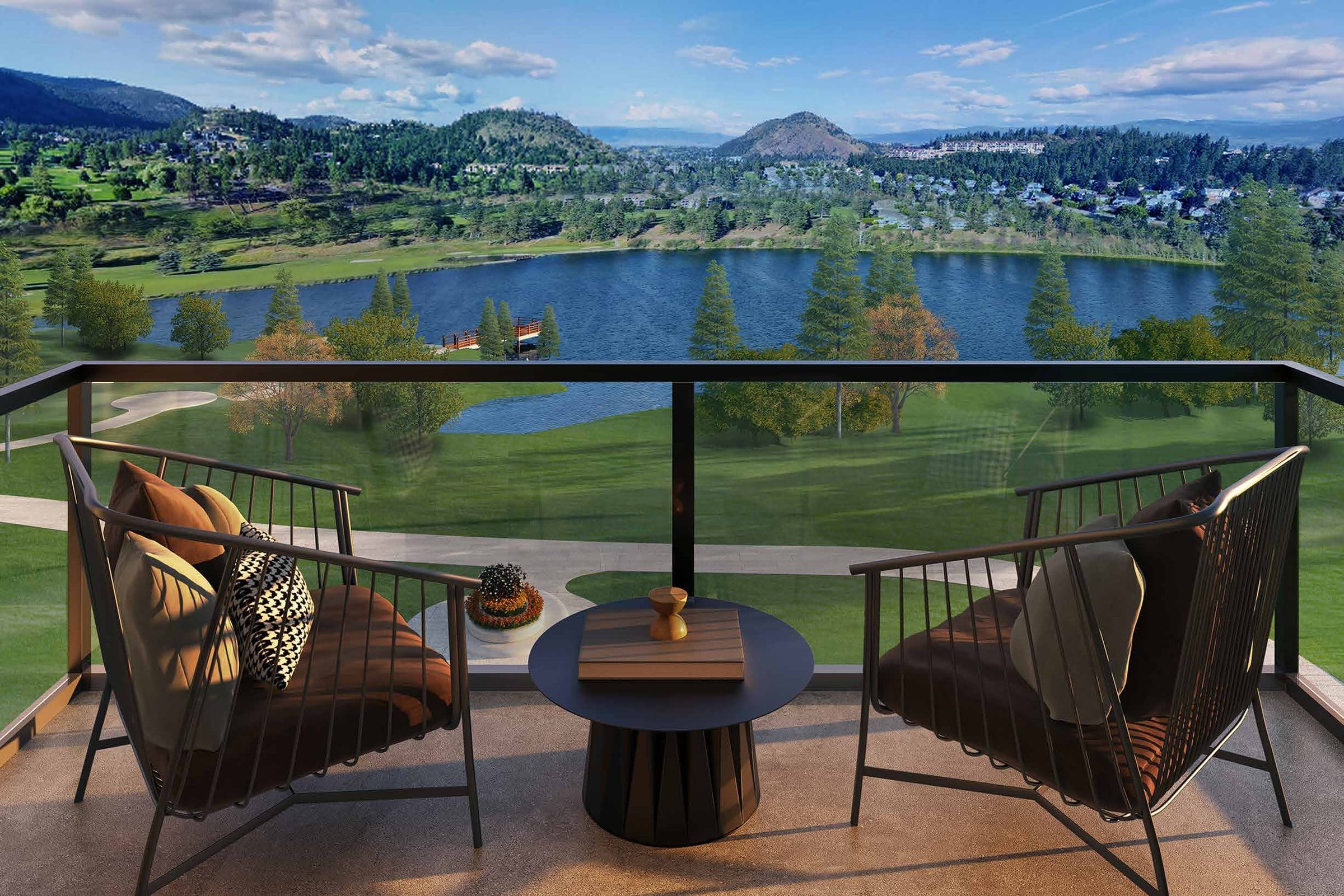 Rendering of a deck at Shannon Lynn looking over the golf course and Shannon Lake. Artist's rendering