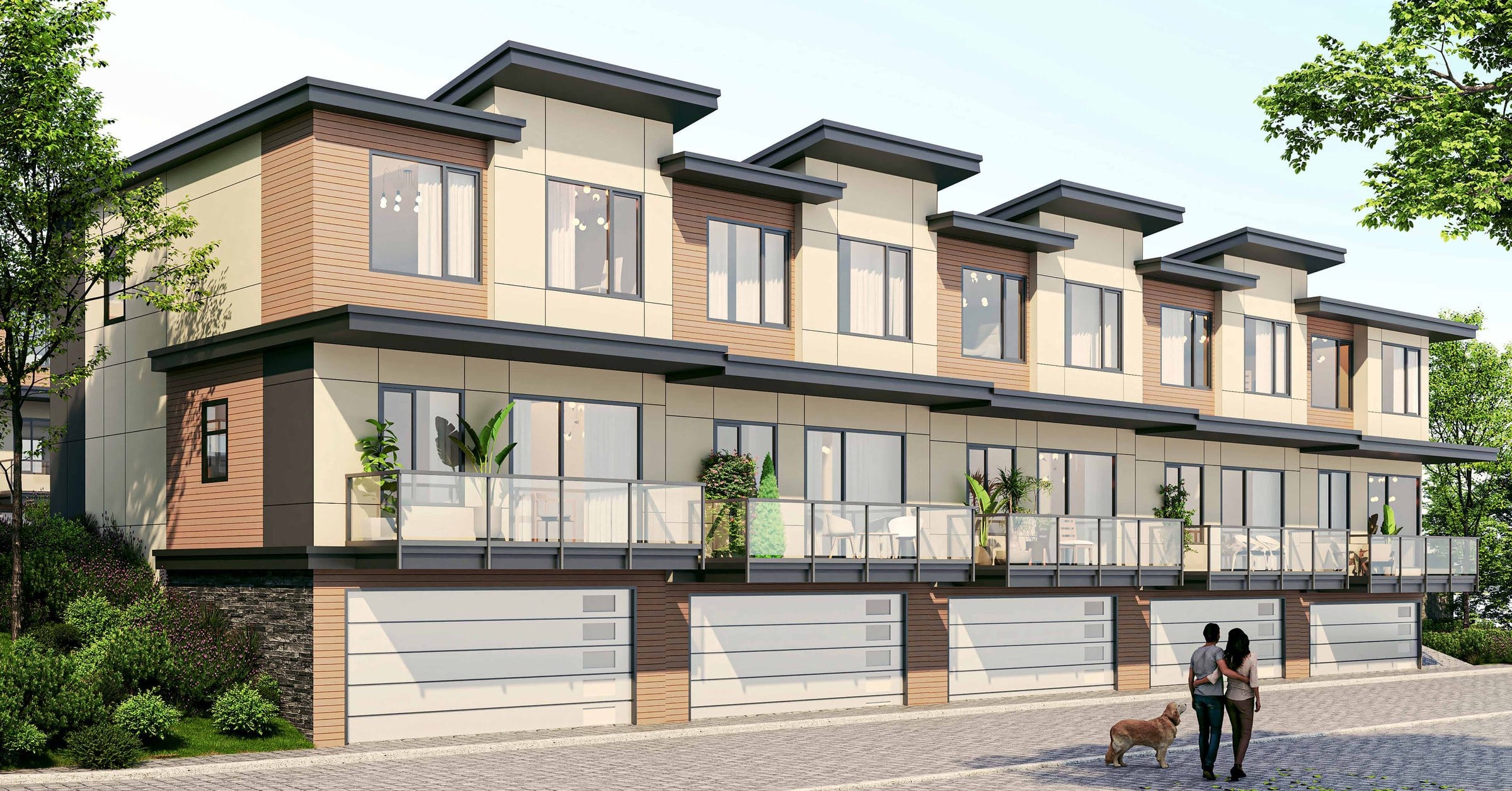 Rendering of a row of Shannon Lynn townhomes in West Kelowna, three storeys with double garages and balconies