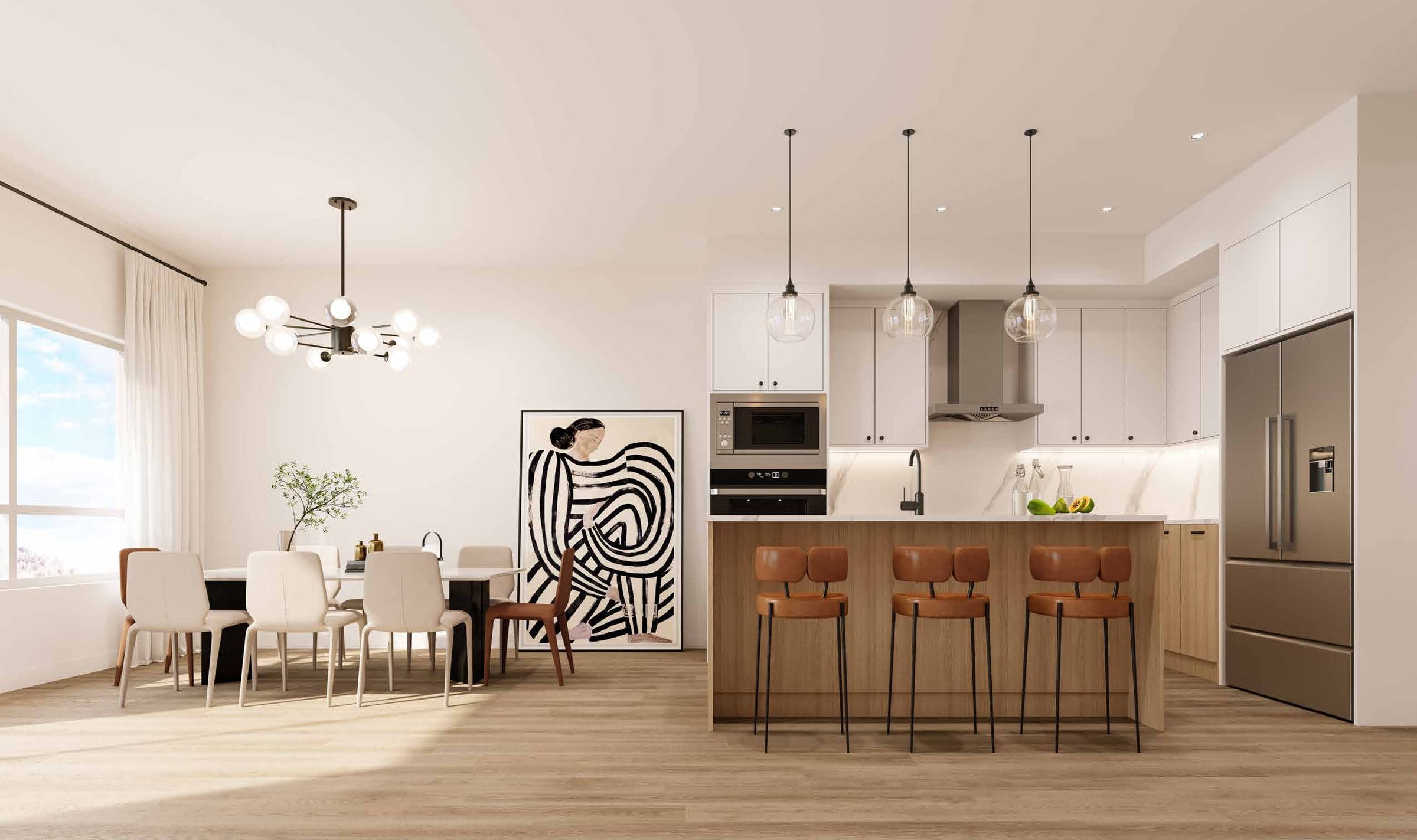 Rendering of the kitchen and dining room in a Shannon Lynn Plan D townhome, white cabinets and a wood island