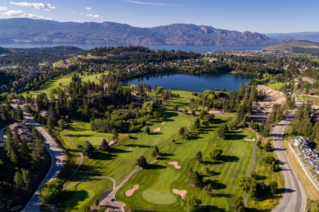 Shannon Lake Golf Club from the air, with Westbank and Okanagan Lake beyond