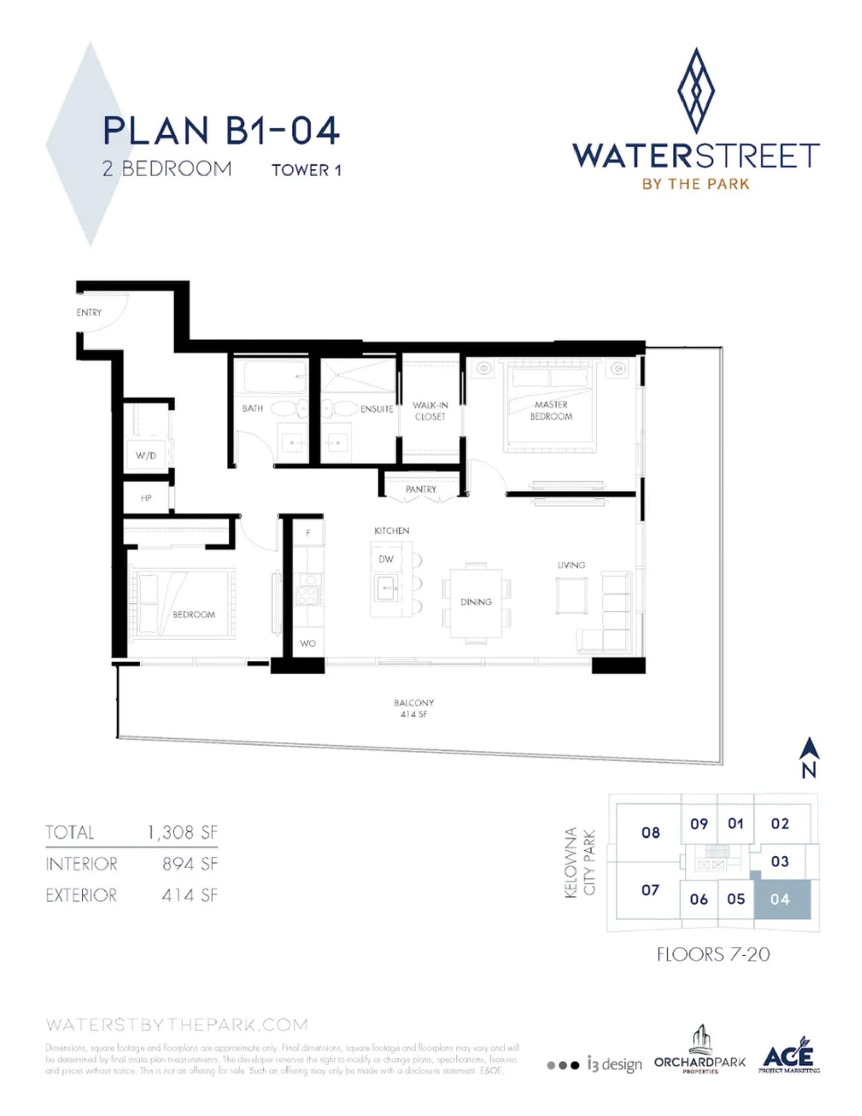 The developer's sheet for plan B1-04, Tower 1, with the key plan and the areas