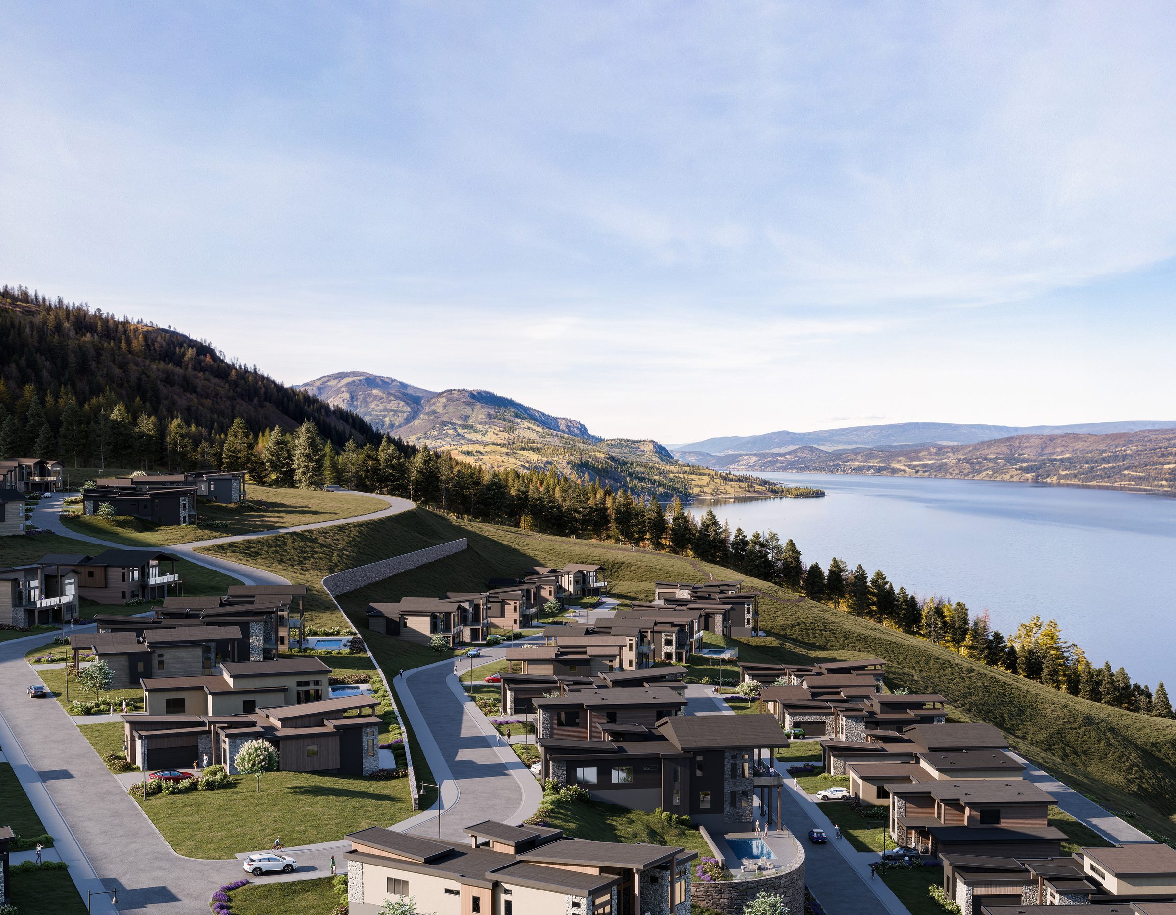 Rendering of Rosevale Estates homes terraced down the hillside toward Okanagan Lake, West Kelowna lakeview lots for sale